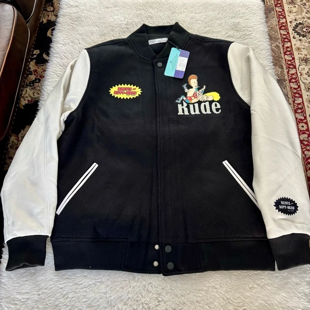 Davis & Butt Head  Black and White Leather / Fabric Bomber Jacket size XL